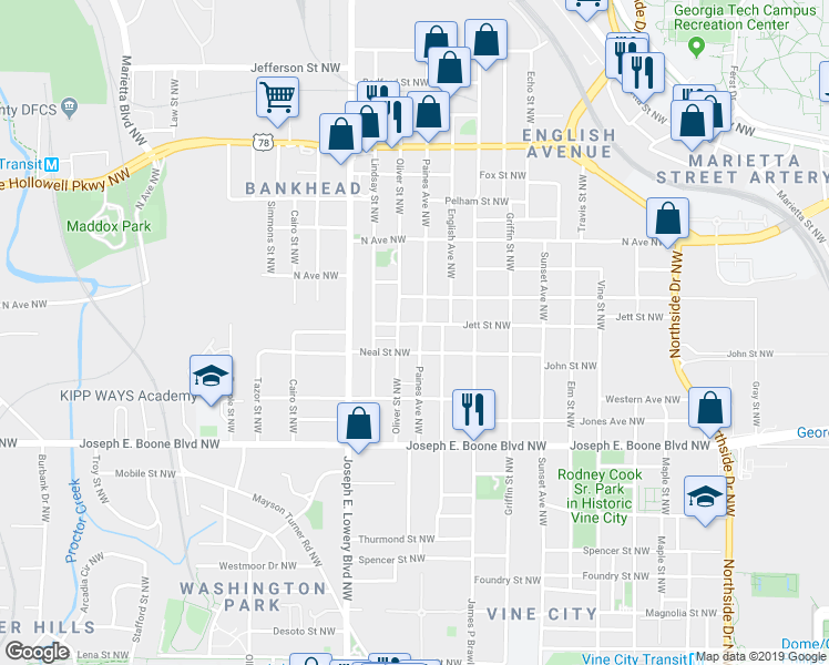 map of restaurants, bars, coffee shops, grocery stores, and more near 859 Neal Street Northwest in Atlanta