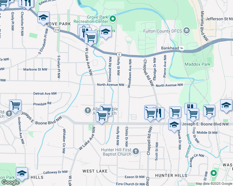 map of restaurants, bars, coffee shops, grocery stores, and more near 418 Holly Street Northwest in Atlanta