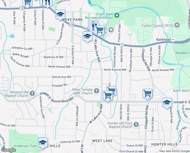 map of restaurants, bars, coffee shops, grocery stores, and more near 1676 Nekoma Street Northwest in Atlanta