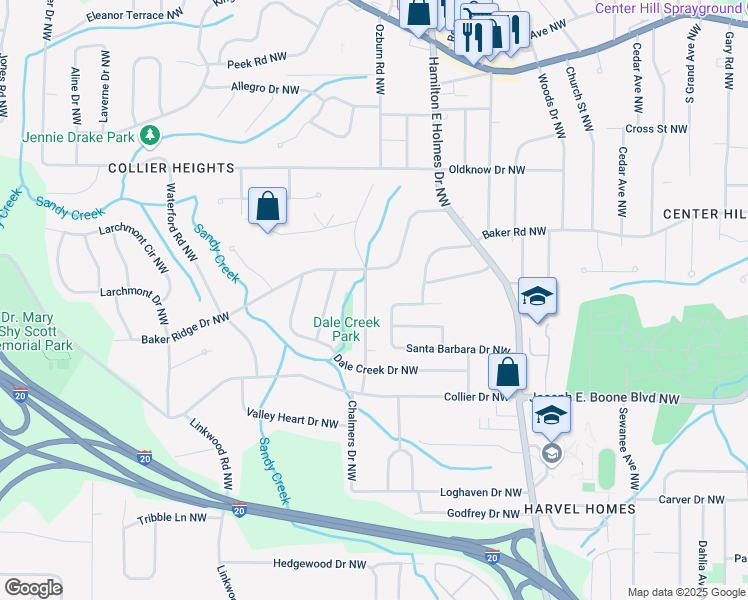 map of restaurants, bars, coffee shops, grocery stores, and more near 437 Collier Ridge Drive Northwest in Atlanta