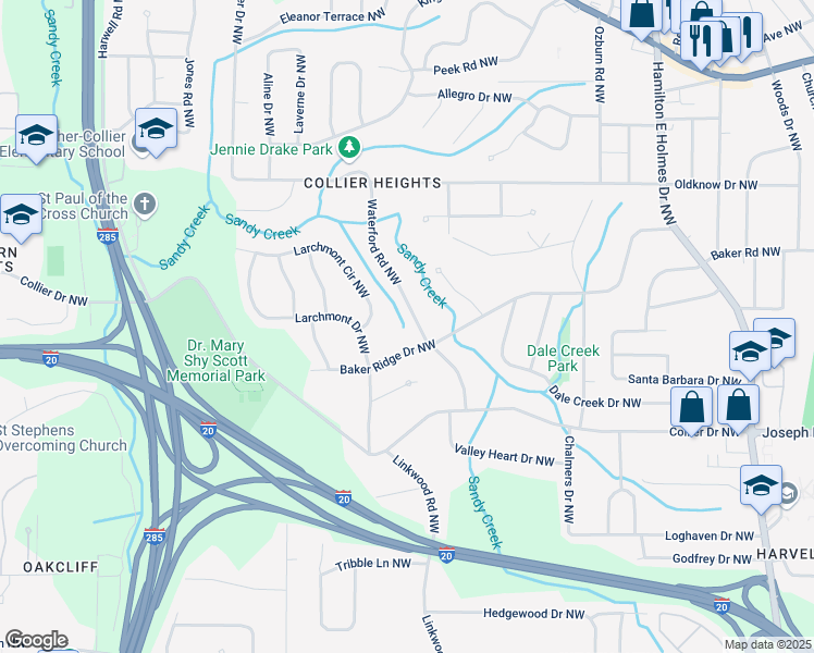 map of restaurants, bars, coffee shops, grocery stores, and more near 446 Waterford Road Northwest in Atlanta