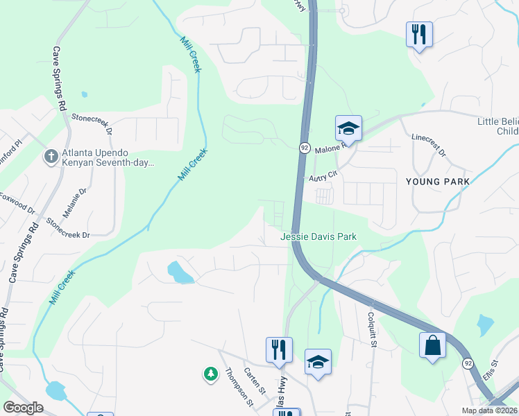 map of restaurants, bars, coffee shops, grocery stores, and more near 6755 Davis Drive in Douglasville