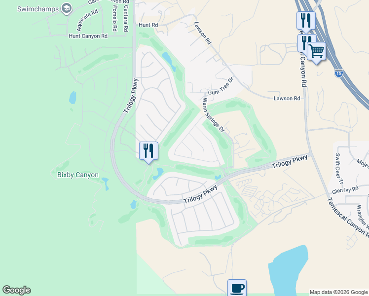 map of restaurants, bars, coffee shops, grocery stores, and more near 24345 Big Bear Lane in Corona