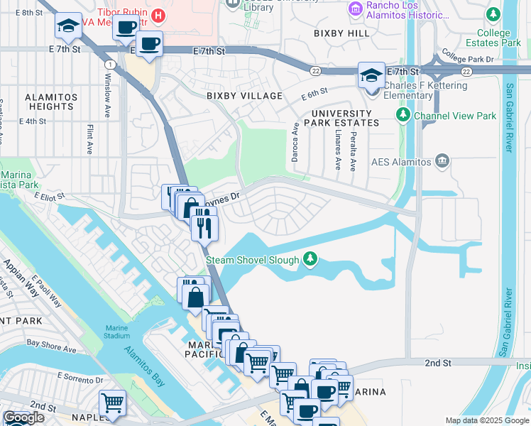map of restaurants, bars, coffee shops, grocery stores, and more near 6235 East Golden Sands Drive in Long Beach