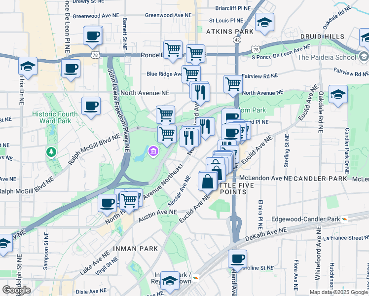 map of restaurants, bars, coffee shops, grocery stores, and more near 1018 Albion Avenue Northeast in Atlanta