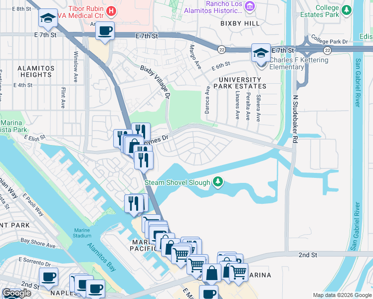 map of restaurants, bars, coffee shops, grocery stores, and more near 6235 East Golden Sands Drive in Long Beach