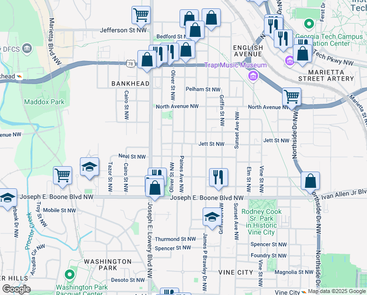 map of restaurants, bars, coffee shops, grocery stores, and more near 459 Paines Avenue Northwest in Atlanta