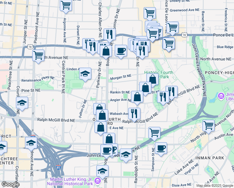 map of restaurants, bars, coffee shops, grocery stores, and more near 509 Rankin Street Northeast in Atlanta