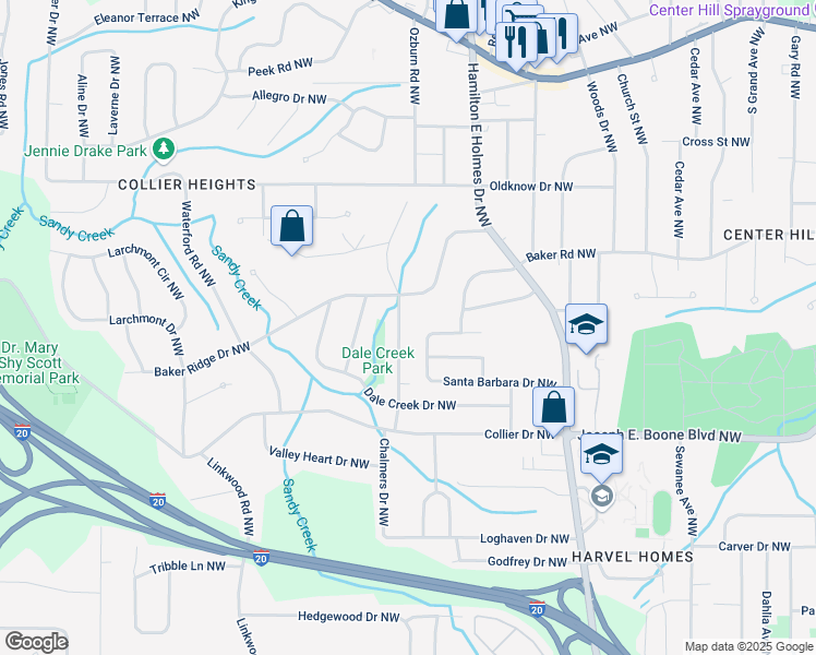 map of restaurants, bars, coffee shops, grocery stores, and more near 437 Collier Ridge Drive Northwest in Atlanta