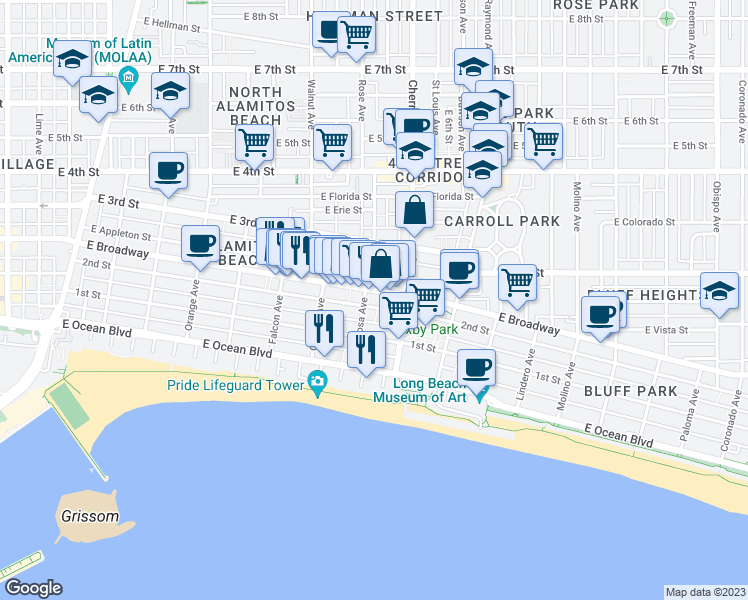 map of restaurants, bars, coffee shops, grocery stores, and more near 1815 2nd Street in Long Beach