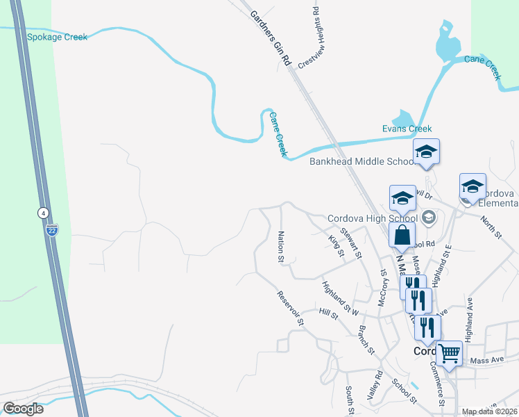 map of restaurants, bars, coffee shops, grocery stores, and more near 101 Buttercup Road in Cordova