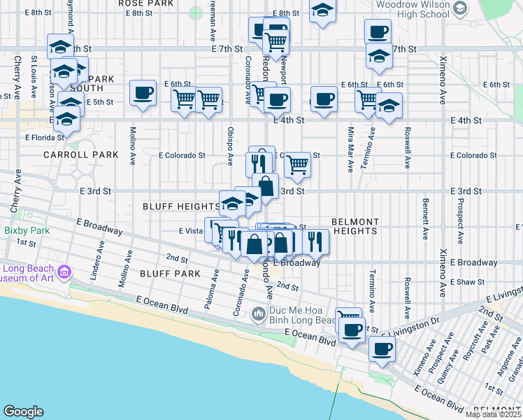 map of restaurants, bars, coffee shops, grocery stores, and more near 271 Redondo Avenue in Long Beach