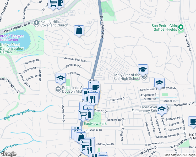 map of restaurants, bars, coffee shops, grocery stores, and more near 1666 Coral Sea Lane in Los Angeles