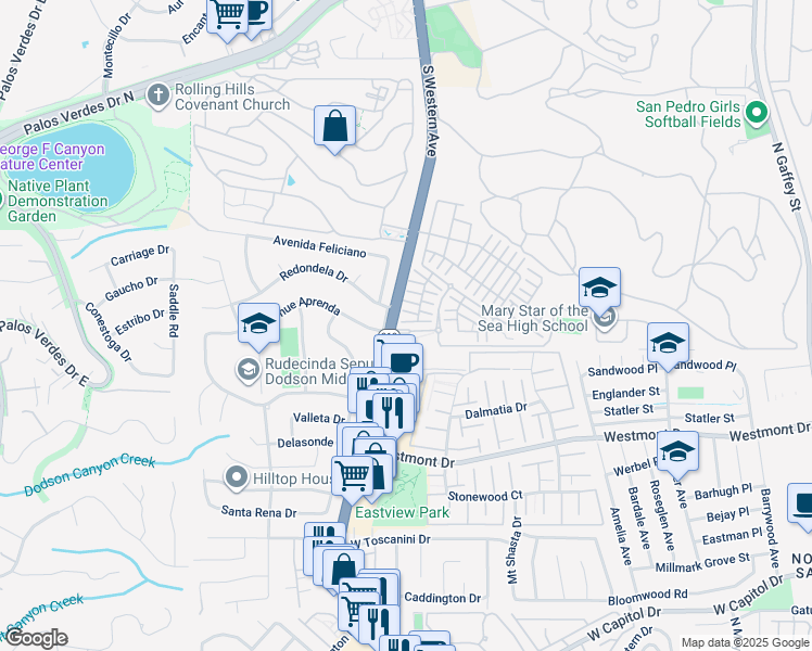 map of restaurants, bars, coffee shops, grocery stores, and more near 1684 Coral Sea Lane in Los Angeles