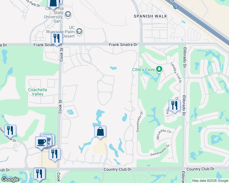 map of restaurants, bars, coffee shops, grocery stores, and more near 249 Vista Royale Circle East in Palm Desert