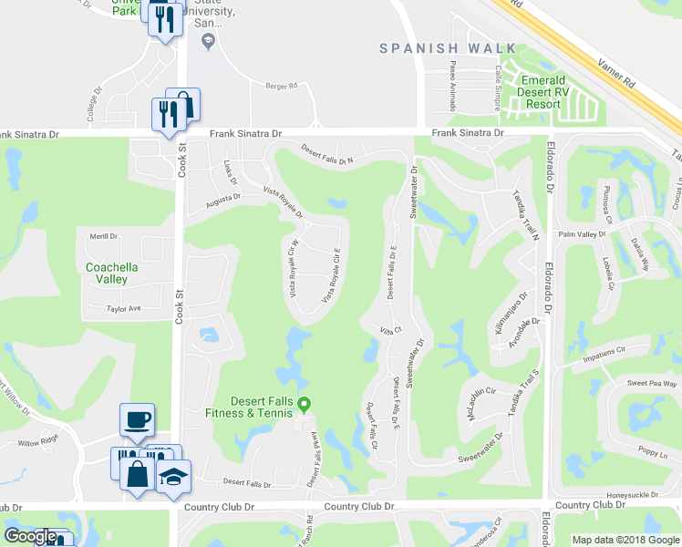 map of restaurants, bars, coffee shops, grocery stores, and more near 260 Vista Royale Circle East in Palm Desert