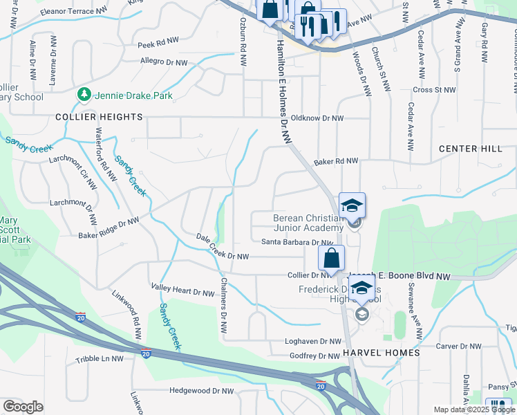 map of restaurants, bars, coffee shops, grocery stores, and more near 2669 Santa Monica Drive Northwest in Atlanta