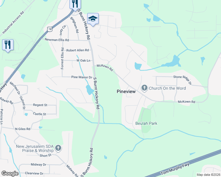 map of restaurants, bars, coffee shops, grocery stores, and more near 3911 McKown Road in Douglasville