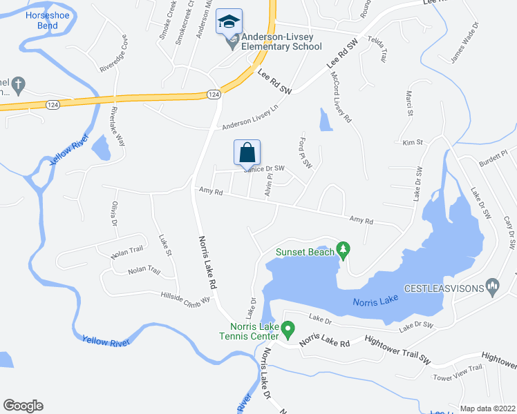map of restaurants, bars, coffee shops, grocery stores, and more near 4425 Amy Road in Snellville