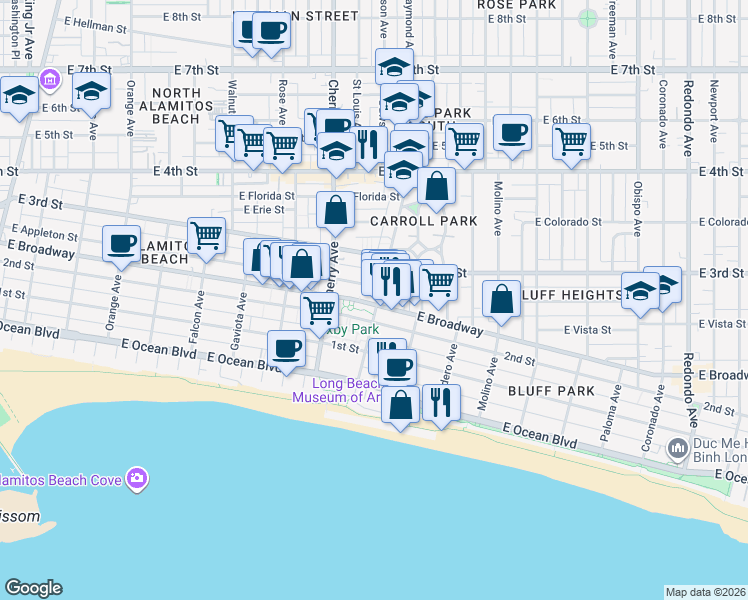 map of restaurants, bars, coffee shops, grocery stores, and more near 231 Junipero Avenue in Long Beach