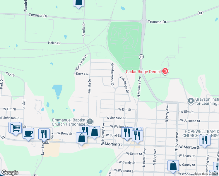 map of restaurants, bars, coffee shops, grocery stores, and more near 1726 West Parnell Street in Denison