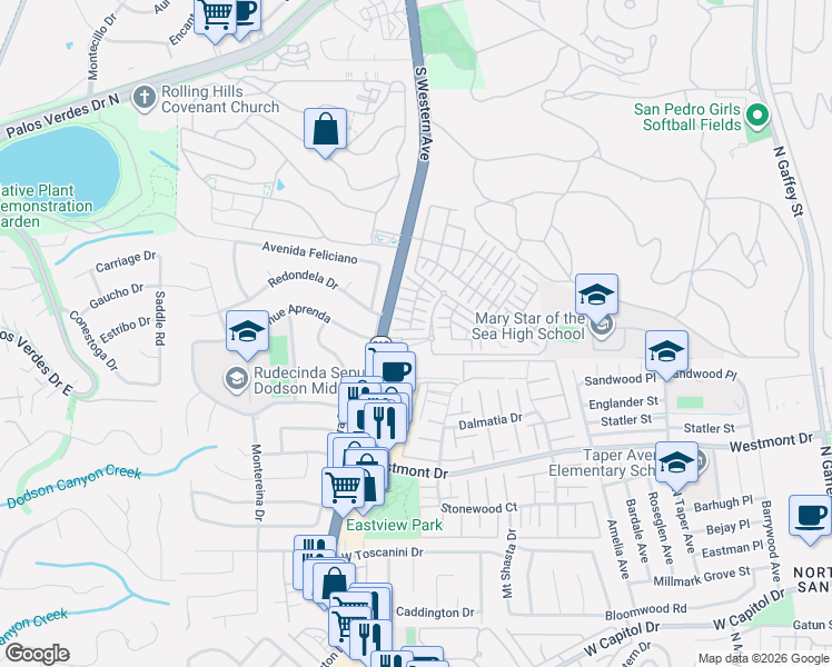 map of restaurants, bars, coffee shops, grocery stores, and more near 1642 Coral Sea Lane in Los Angeles