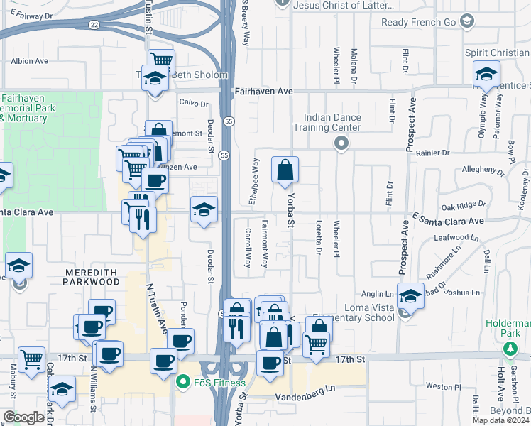 map of restaurants, bars, coffee shops, grocery stores, and more near Santa Clara Ave & Fairmont Way in Tustin