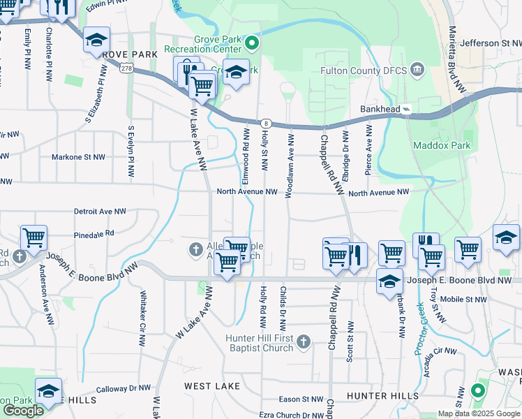 map of restaurants, bars, coffee shops, grocery stores, and more near 418 Holly Street Northwest in Atlanta