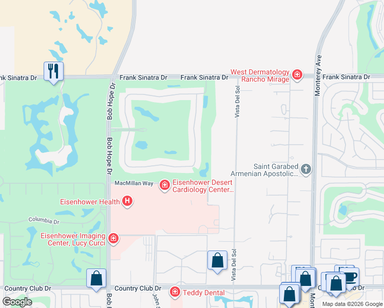 map of restaurants, bars, coffee shops, grocery stores, and more near 196 Kavenish Drive in Rancho Mirage