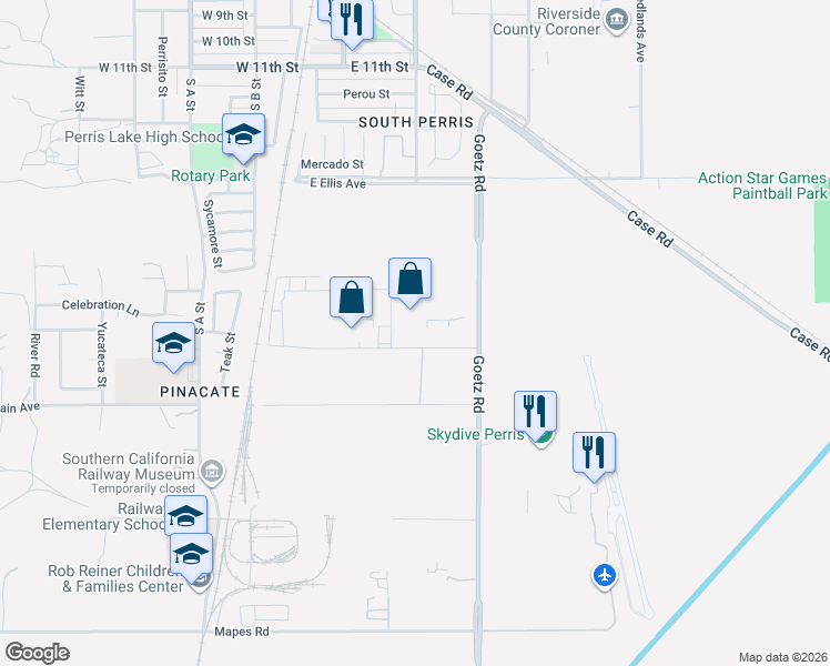 map of restaurants, bars, coffee shops, grocery stores, and more near 144 Malbert Street in Perris