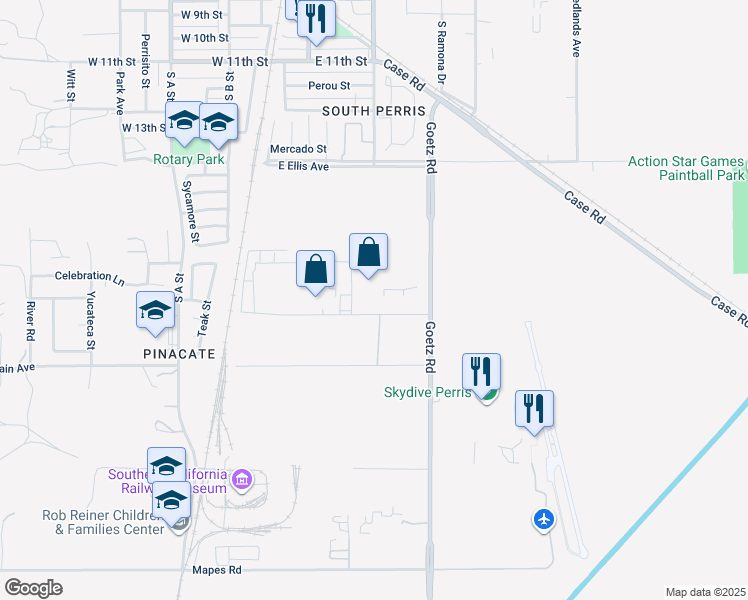 map of restaurants, bars, coffee shops, grocery stores, and more near 24 Malbert Street in Perris