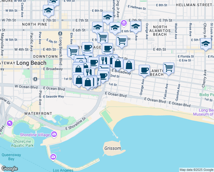 map of restaurants, bars, coffee shops, grocery stores, and more near 841 East Ocean Boulevard in Long Beach