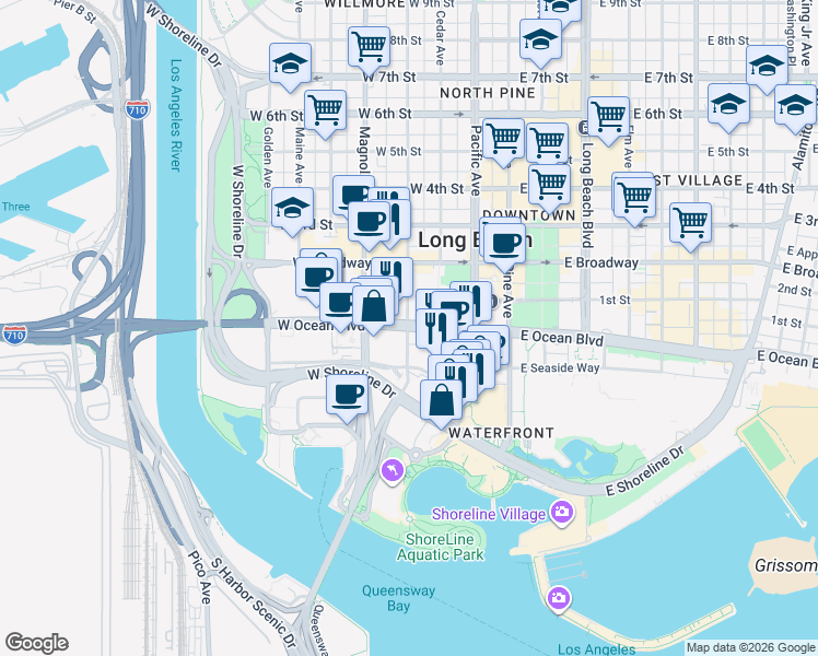 map of restaurants, bars, coffee shops, grocery stores, and more near 388 West Ocean Boulevard in Long Beach