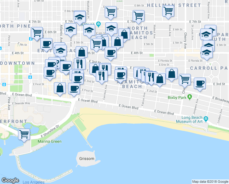map of restaurants, bars, coffee shops, grocery stores, and more near 1149 East 1st Street in Long Beach