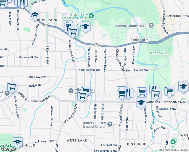 map of restaurants, bars, coffee shops, grocery stores, and more near 438 Holly Street Northwest in Atlanta