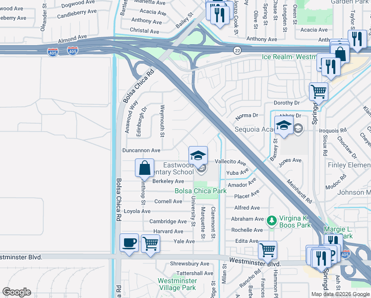 map of restaurants, bars, coffee shops, grocery stores, and more near 5351 Vallecito Avenue in Westminster