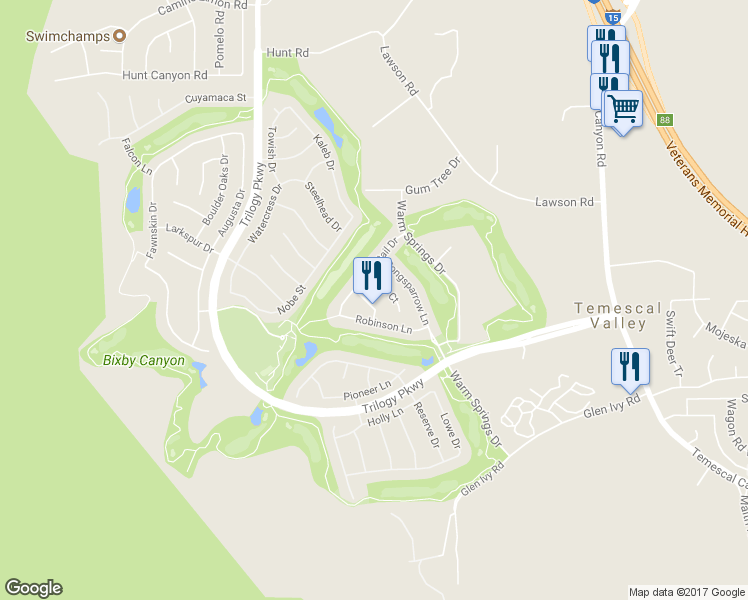 map of restaurants, bars, coffee shops, grocery stores, and more near 24290 Big Bear Lane in Corona