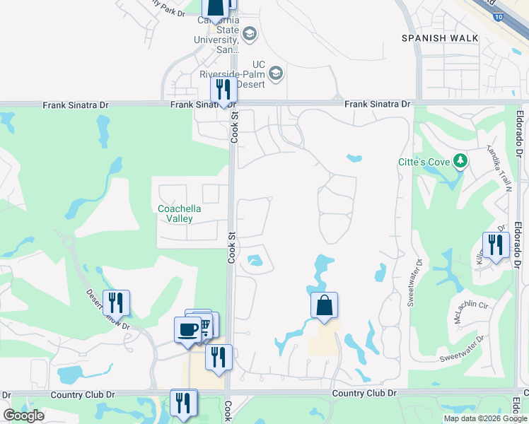 map of restaurants, bars, coffee shops, grocery stores, and more near 678 Vista Lago Circle North in Palm Desert