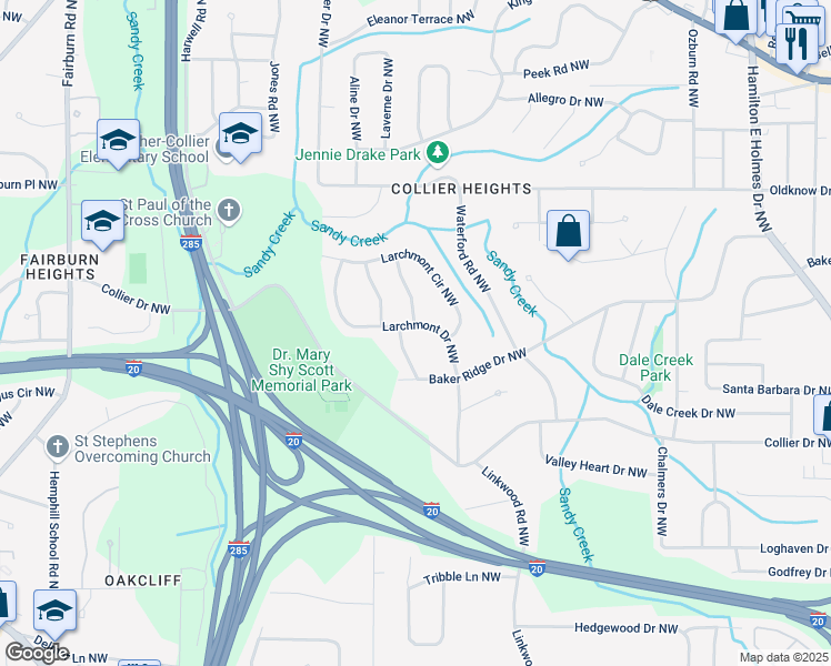 map of restaurants, bars, coffee shops, grocery stores, and more near 490 Larchmont Drive Northwest in Atlanta