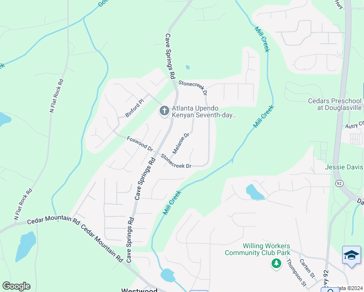 map of restaurants, bars, coffee shops, grocery stores, and more near 7774 Melanie Drive in Douglasville