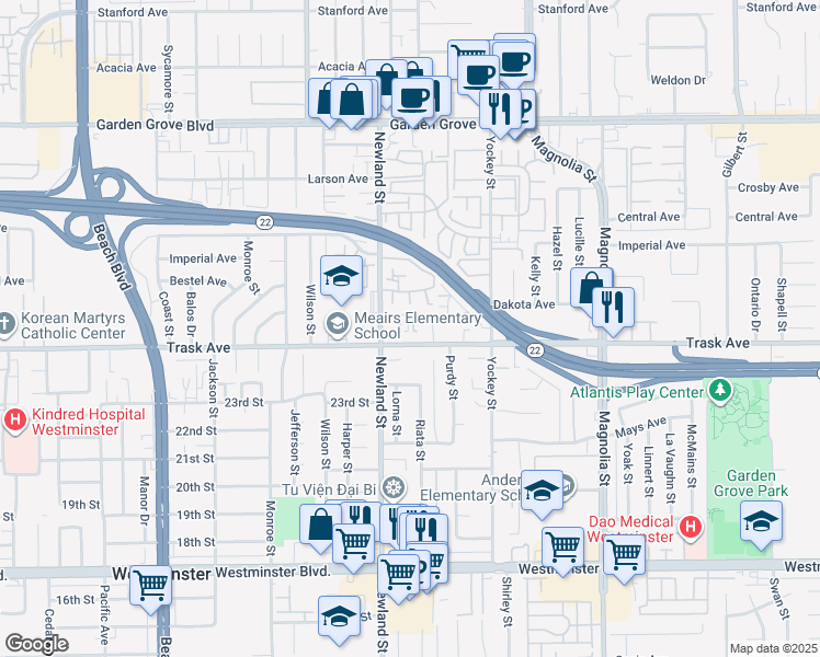 map of restaurants, bars, coffee shops, grocery stores, and more near 8520 Gloria Avenue in Garden Grove