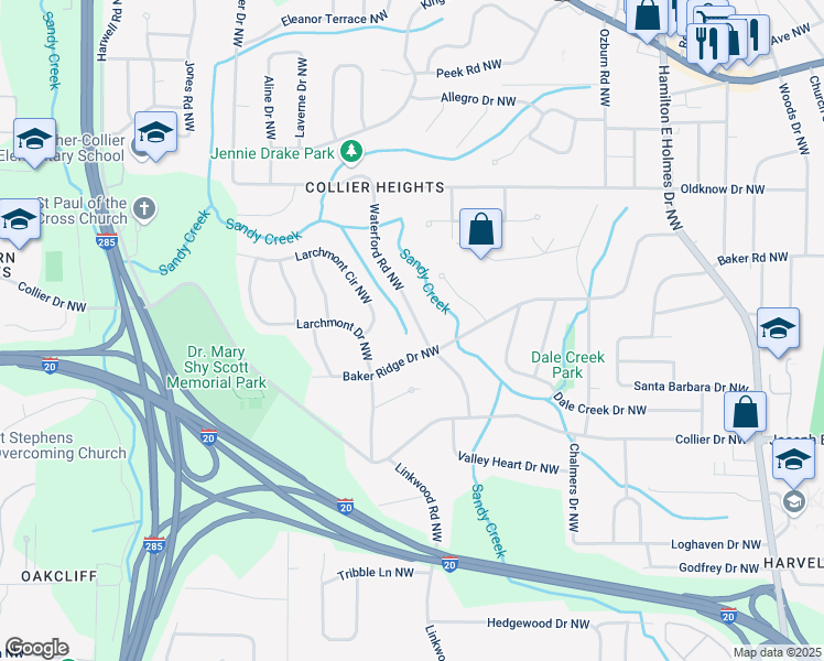 map of restaurants, bars, coffee shops, grocery stores, and more near 446 Waterford Road Northwest in Atlanta