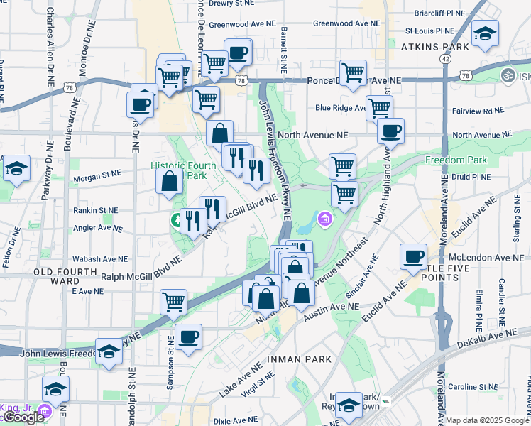 map of restaurants, bars, coffee shops, grocery stores, and more near 400 Village Parkway in Atlanta