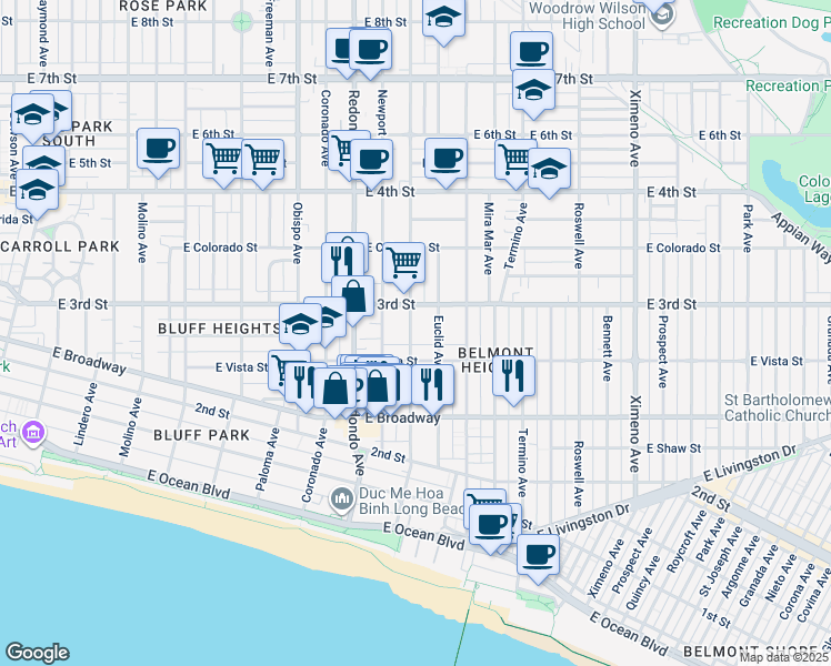 map of restaurants, bars, coffee shops, grocery stores, and more near 264 Loma Avenue in Long Beach