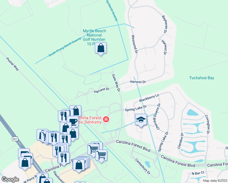 map of restaurants, bars, coffee shops, grocery stores, and more near 102 Britewater Court in Myrtle Beach