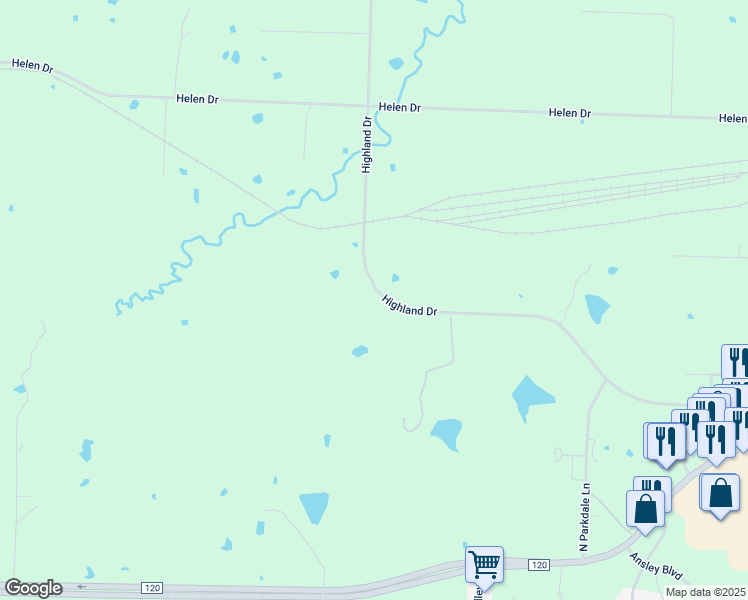 map of restaurants, bars, coffee shops, grocery stores, and more near 4397 Highland Drive in Denison
