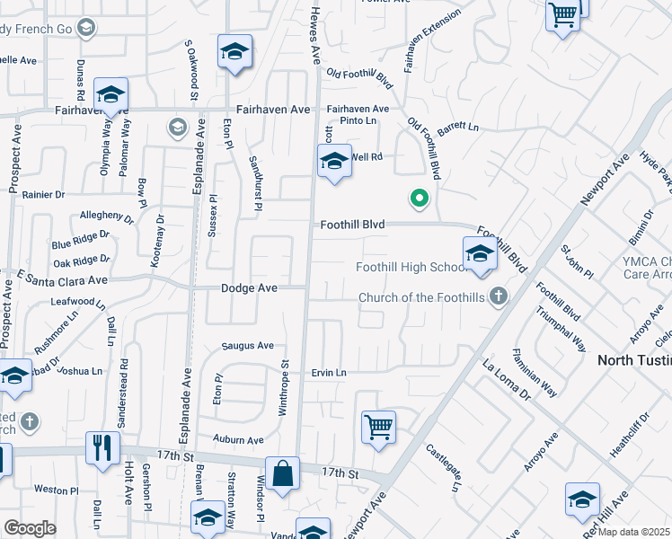 map of restaurants, bars, coffee shops, grocery stores, and more near 18812 Oak Ridge Drive in Santa Ana