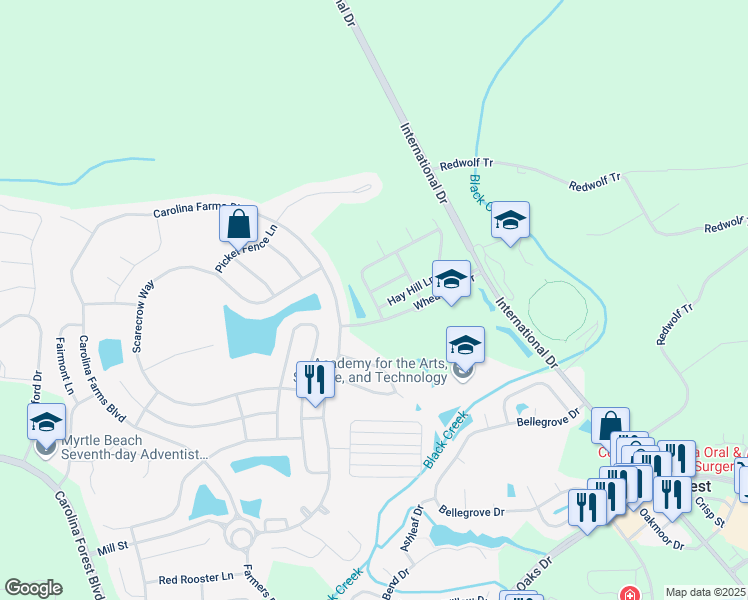 map of restaurants, bars, coffee shops, grocery stores, and more near 105 Mountain Ash Lane in Myrtle Beach