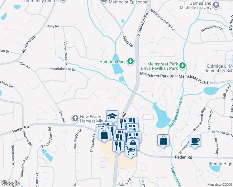 map of restaurants, bars, coffee shops, grocery stores, and more near 959 Romer Place in Stone Mountain