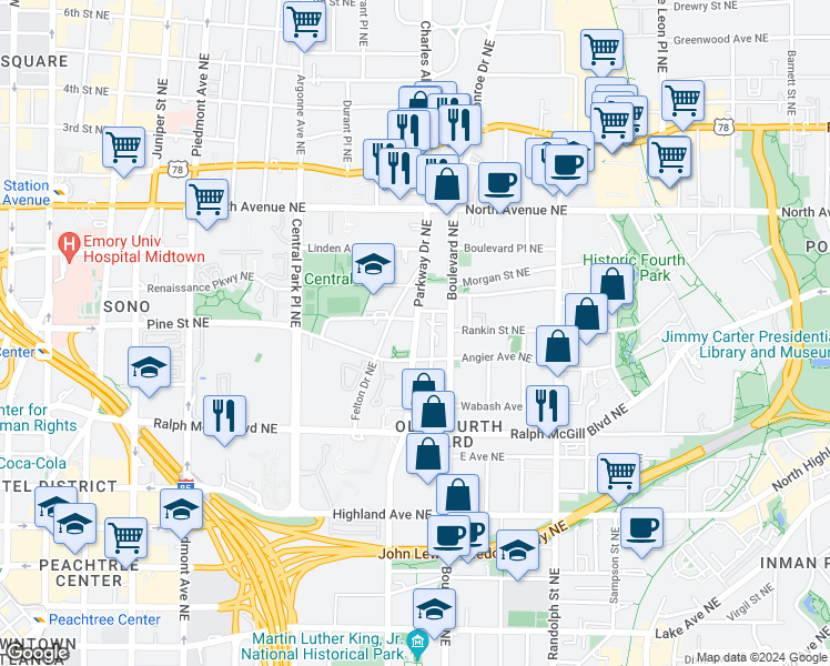 map of restaurants, bars, coffee shops, grocery stores, and more near Parkway Drive Northeast in Atlanta